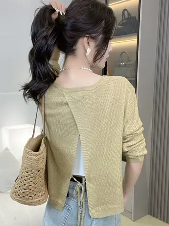 法式后开叉绑带长袖针织T恤女夏设计感防晒罩衫别致辣妹上衣薄款商品大图