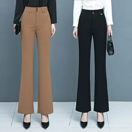 早秋新款喇叭裤女高腰显瘦拖地裤咖色直筒双扣休闲垂感微喇西装裤商品大图