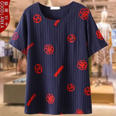 中年妈妈毛巾绣棉麻短袖上衣夏季新款时尚加肥加大码女装宽松T恤图片