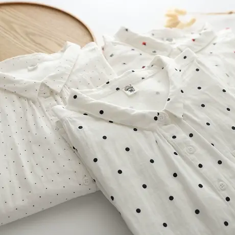 日系小众清新圆点点长袖衬衫女宽松双层棉纱婴儿棉衬衣打底上衣秋图片