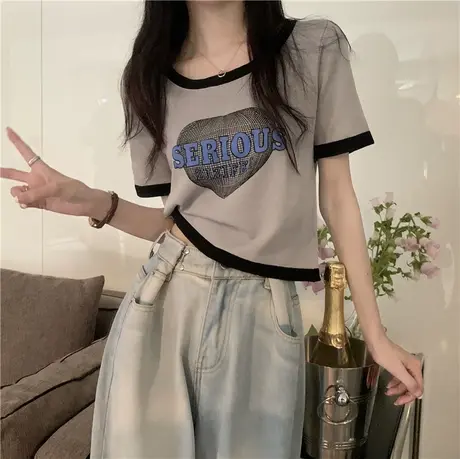小个子美式甜辣风撞色内搭短袖T恤女夏季修身显瘦短款打底ins上衣图片