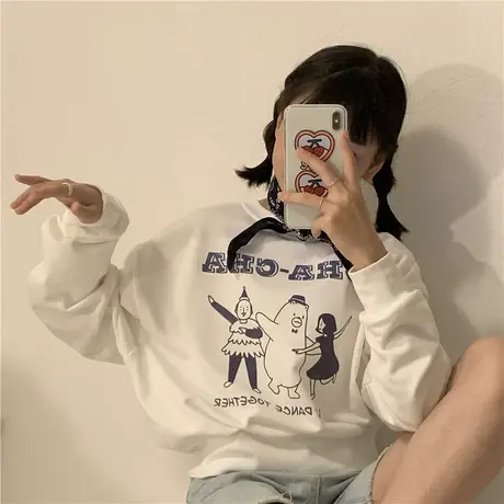 红续原创春秋新款韩版宽松短款长袖卫衣薄款vintage复古盐系少女商品大图