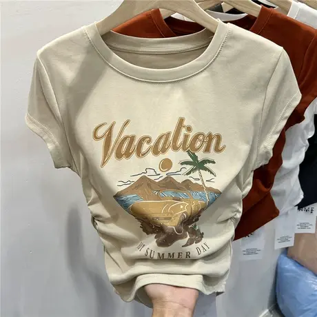 印花美式T恤女无袖2023年夏季新款修身体恤褶皱设计感飞飞袖上衣商品大图