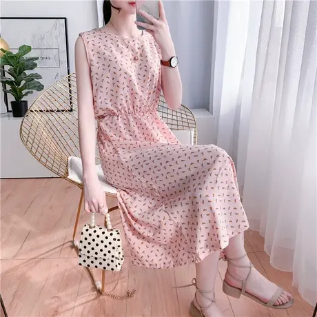 泰国巴厘岛海边渡假沙滩裙法式复古中长裙粉色雪纺波点连衣裙夏女图片