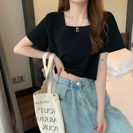 港风方领短袖T恤女韩版2023春夏新款宽松ins潮设计感小众半袖上衣商品大图