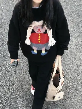 日系复古毛衣女春秋加厚宽松慵懒风设计感小众2023爆款针织衫上衣图片