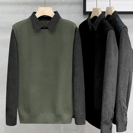 假两件毛衣男秋冬新款潮衬衫领男士针织打底衫加厚商务男装上衣服商品大图