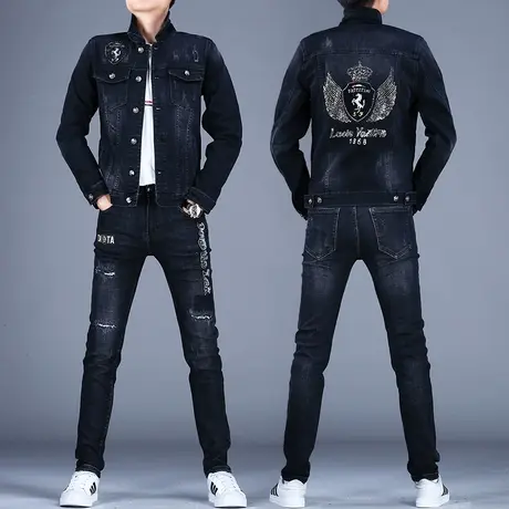 秋款季黑色牛仔套装男款新款牛仔上衣夹克外套修身破洞奢侈烫钻花图片
