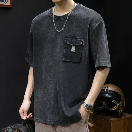 重磅美式复古短袖t恤男士潮牌大码夏季2023新款衣服男款男装体恤商品大图