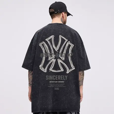 美式复古重磅纯棉潮牌宽松水洗做旧潮流夏圆领加肥加大短袖t恤男商品大图