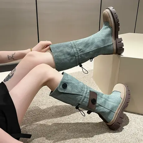 甜酷帆布小个子厚底长筒靴女夏季2023新款美式靴子复古西部马丁靴商品大图