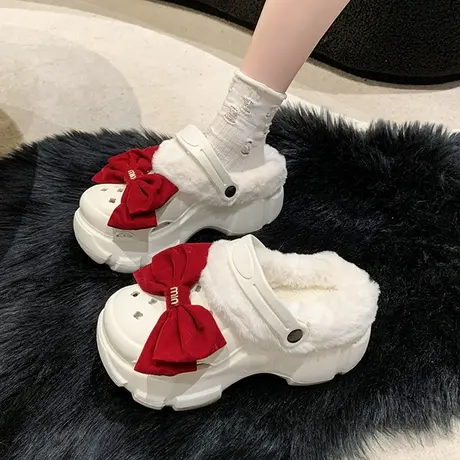蝴蝶结加绒洞洞鞋女款厚底冬季黑色毛绒外穿2023年新款棉拖女鞋商品大图
