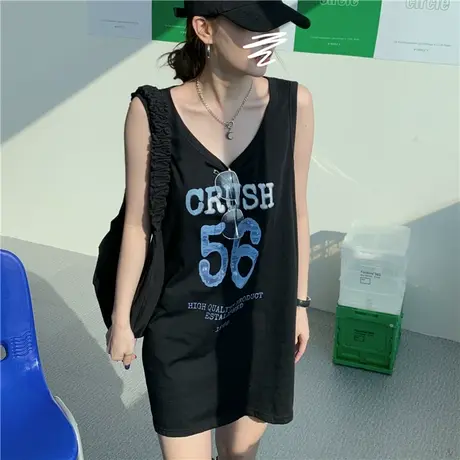 美式复古纯棉吊带运动坎肩背心无袖t恤女夏季外穿篮球服宽松上衣图片