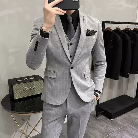 西服套装男士休闲商务正装条纹外套修身伴郎新郎结婚礼服免烫西装图片