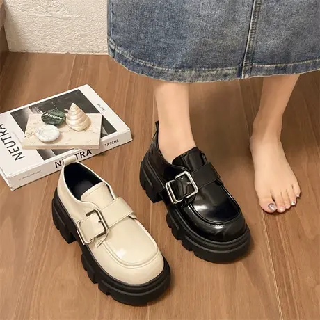 厚底防滑乐福鞋女2024春秋季新款复古百搭高跟单鞋法式粗跟小皮鞋商品大图