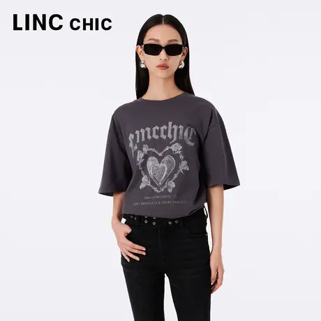 LINCCHIC金羽杰2023秋季新款休闲圆领白色印花七分袖中长款T恤女商品大图