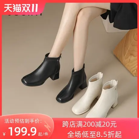 卓诗尼2023冬季新款粗跟时装靴潮流舒适方头女靴时尚后拉链短筒靴商品大图