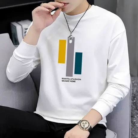 白色卫衣男秋季外套潮牌宽松潮流百搭薄款套头无帽上衣男款长袖t商品大图