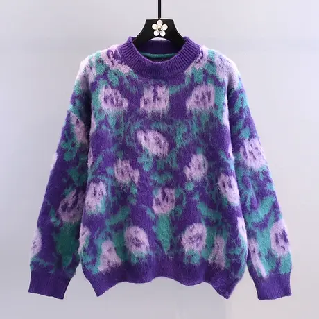 撞色玫瑰花套头毛衣女秋冬2023新款宽松慵懒风复古洋气长袖针织衫图片