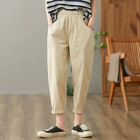 dza 高腰显瘦全棉休闲裤女2023夏季薄款九分直筒裤宽松百搭哈伦裤商品大图