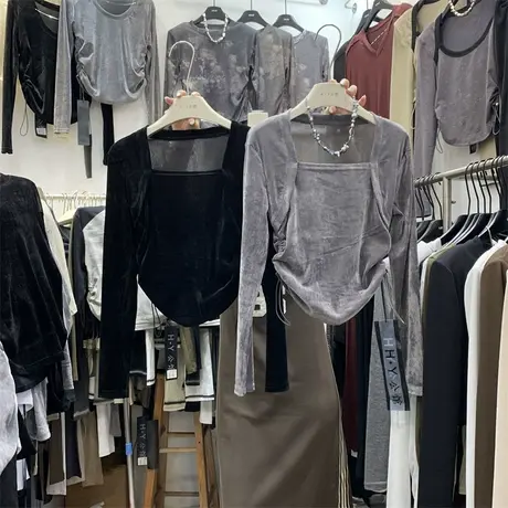 小众设计感反肩袖方领褶皱收腰遮肉短款丝绒T恤女2023秋韩版气质t商品大图