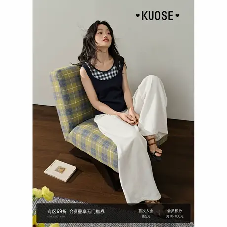 阔色藏蓝假两件格子针织背心吊带女2025夏季新款修身显瘦休闲上衣图片