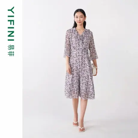 [专柜同款]Yifini/易菲碎花印花V领收腰七分袖雪纺裙气质连衣裙女图片