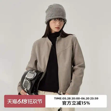 omont蛋挞家 复古灰色麂皮短外套女春季气质立领休闲小众夹克上衣商品大图