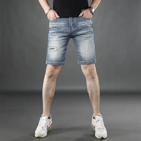 欧洲站潮牌牛仔短裤2025夏季薄款蓝色新款男士修身五分裤牛仔裤商品大图