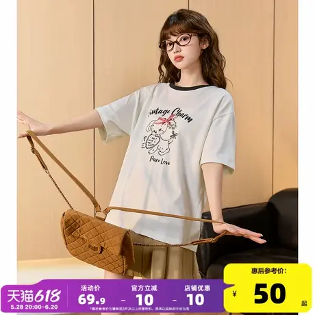 唐狮2025夏季新款女短袖T恤可爱印花纯棉圆领白色休闲穿搭别致商品大图