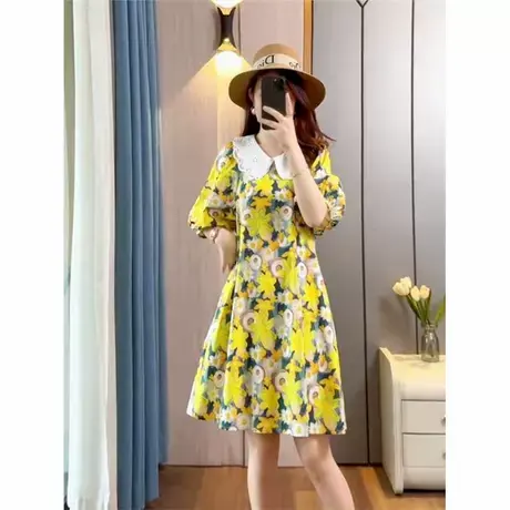 胖mm蕾丝拼接娃娃领公主裙大码学院风高级短袖时尚休闲碎花连衣裙图片