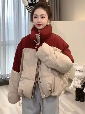 立领羽绒服女欧货2023冬季新款白鸭绒字母印花撞色拼接设计感外套图片