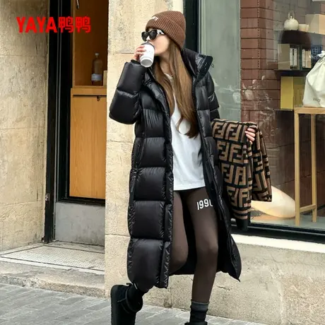 YAYA鸭鸭羽绒服女2024冬季长款黑色休闲宽松连帽加厚气质黑金外套图片