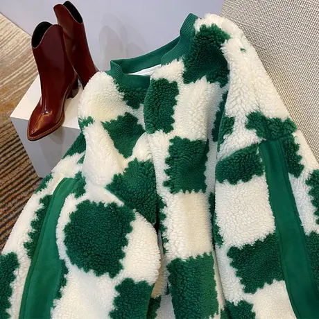 港味复古chic上衣时尚洋气绿色棋盘格卫衣女韩版hiphop加绒外套冬图片