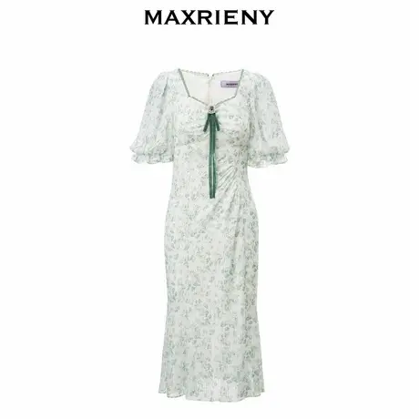 【奥莱】MAXRIENY仙美复古感绿花连衣裙女褶皱裙子修身显瘦图片