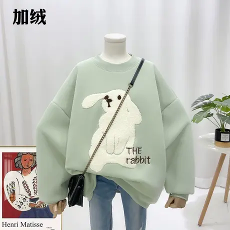 2022冬季韩版新品植绒兔子刺绣字母卡通减龄女士加绒圆领卫衣7581商品大图
