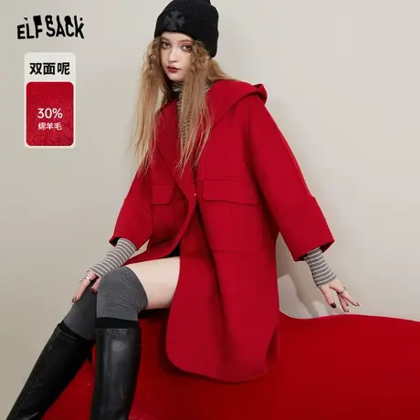 妖精的口袋红色双面呢大衣女2022秋冬季新款小个子中长款毛呢外套商品大图