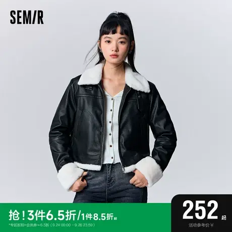 [预售]森马外套女短款夹棉翻领帅气炸街2023冬新款PU仿皮夹克潮酷图片