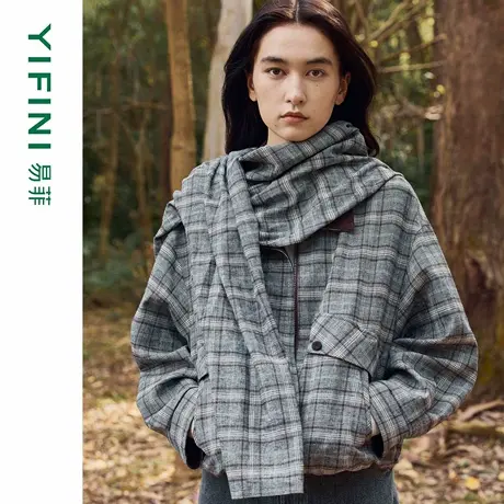 [专柜同款]Yifini/易菲复古格纹木棉百搭宽松短款外套25秋装新款商品大图