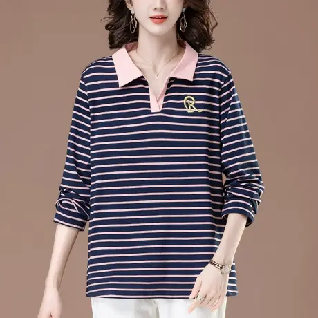 条纹打底衫女春秋季宽松加大码女装中年妈妈洋气纯棉显瘦长袖T恤商品大图