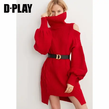 DPLAY春新新款时尚简约圣诞红色宽松长款肩部镂空针织连衣裙商品大图