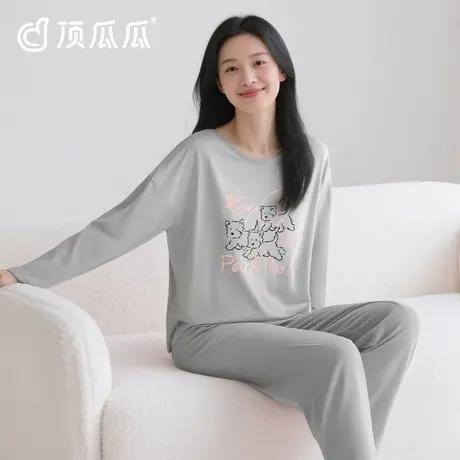 顶瓜瓜睡衣女纯棉秋季长袖2025新款可外穿全棉灰色圆领家居服套装商品大图