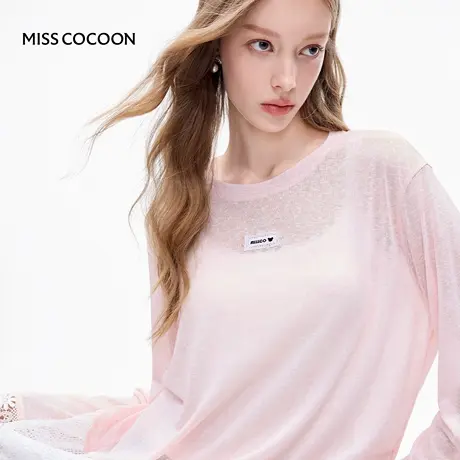 【七七酱专享】MISSCOCOON粉色薄长袖T恤盐系蕾丝苎麻上衣商品大图