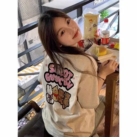 美式复古纯棉正肩短袖t恤女夏季大码宽松韩系半袖设计感小众上衣商品大图