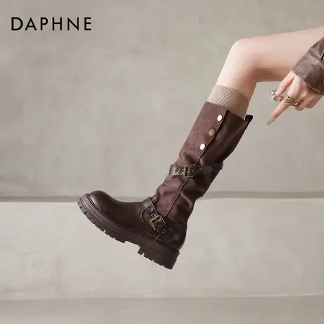 达芙妮棕色长筒靴女2026新款秋冬季加绒美拉德厚底高筒骑士长靴子图片