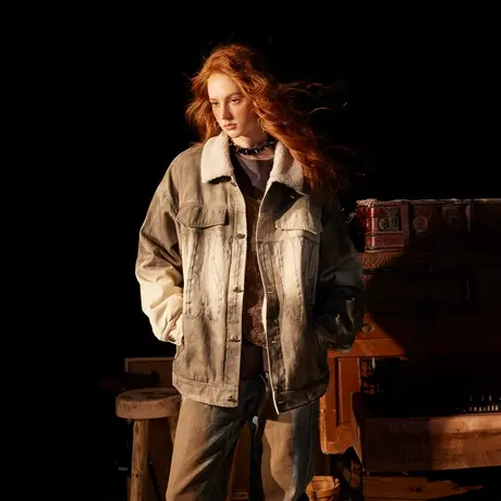 复古水洗做旧棉服女冬季加厚羊羔毛外套2023新款潮牌宽松棉衣棉袄商品大图