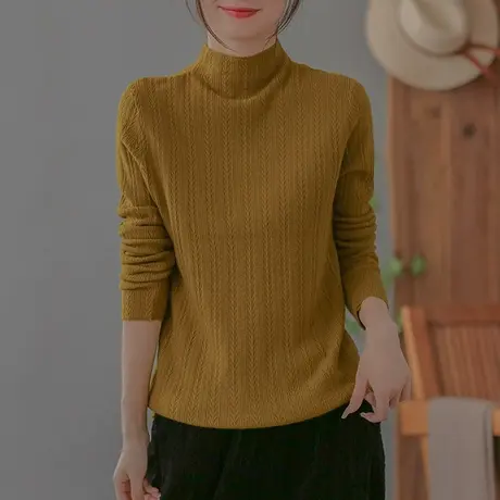 dza 复古纯色棉线高领毛衣女秋冬洋气内搭长袖上衣宽松漂亮打底衫商品大图