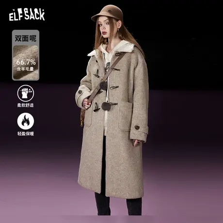 妖精的口袋牛角扣双面呢大衣女2023冬季新款英伦风长款毛呢外套图片