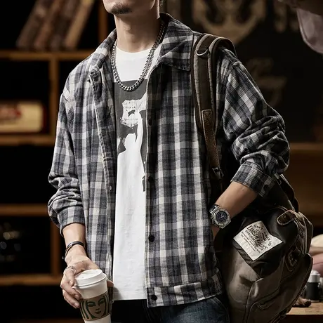 美式夹克男士宽松格子外套长袖男潮流拼接外套秋冬新款男装外套图片