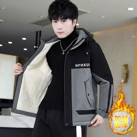 2023秋冬新款工装连帽夹克男潮流青少年学生加绒加厚宽松休闲外套商品大图